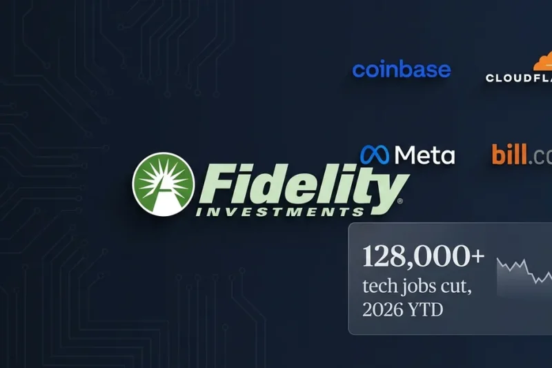 Dashboard composite showing Fidelity Investments logo as centerpiece, with Coinbase, Cloudflare, Meta, and BILL.com supporting logos, plus a data panel showing 128,000-plus tech jobs cut in 2026 with a downward sparkline