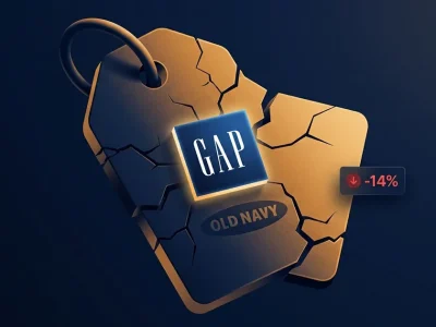 Cracked golden price tag with Gap and Old Navy logos and a red minus 14 percent indicator on dark navy background