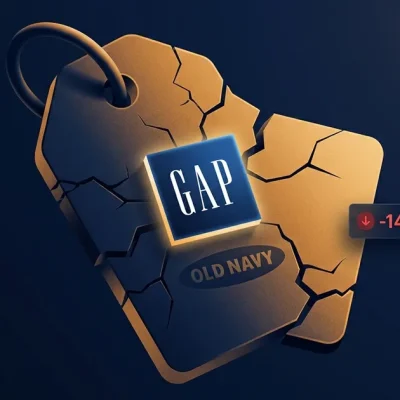 Cracked golden price tag with Gap and Old Navy logos and a red minus 14 percent indicator on dark navy background
