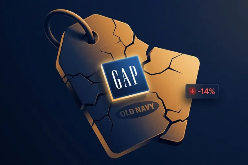 Cracked golden price tag with Gap and Old Navy logos and a red minus 14 percent indicator on dark navy background