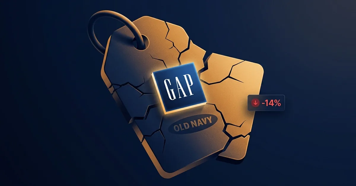 Cracked golden price tag with Gap and Old Navy logos and a red minus 14 percent indicator on dark navy background