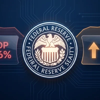 Federal Reserve seal on a navy dashboard between a red GDP 1.6% down panel and an amber PCE 3.8% up panel