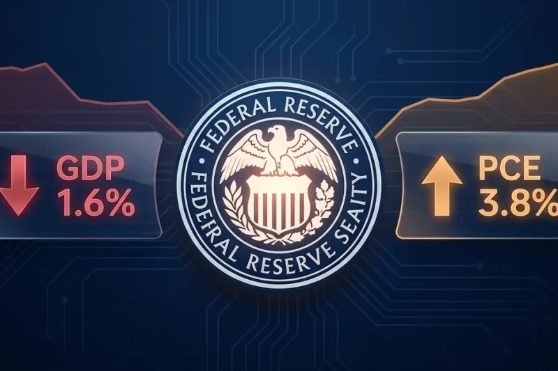 Federal Reserve seal on a navy dashboard between a red GDP 1.6% down panel and an amber PCE 3.8% up panel