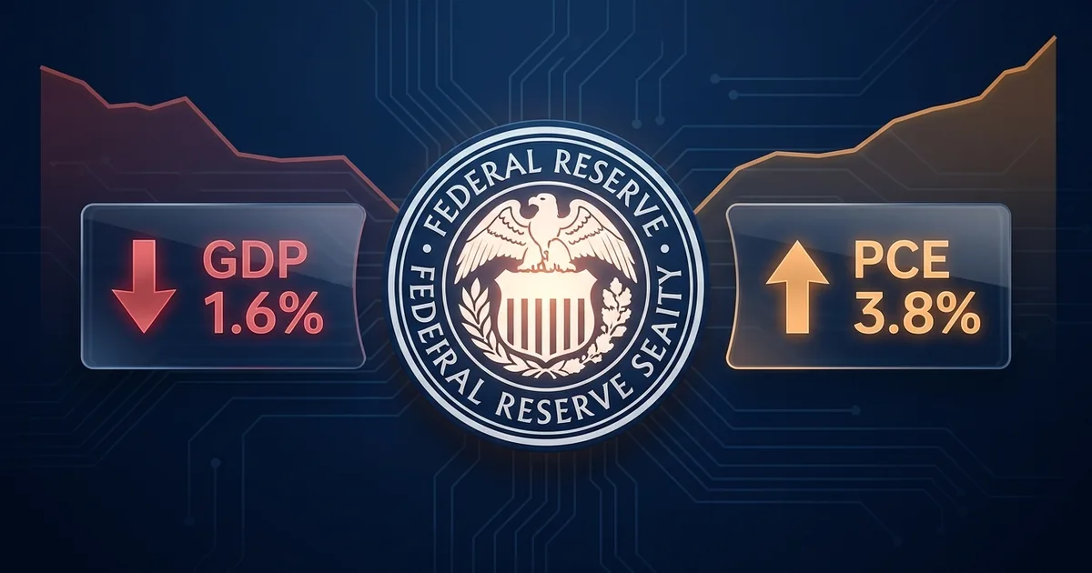 Federal Reserve seal on a navy dashboard between a red GDP 1.6% down panel and an amber PCE 3.8% up panel