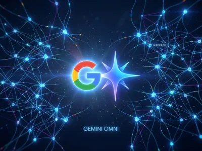 Glowing multicolor Google G logo beside a blue-violet Gemini sparkle glyph at the center of a radiating blue neural-network field, with small GEMINI OMNI and ANDROID XR labels