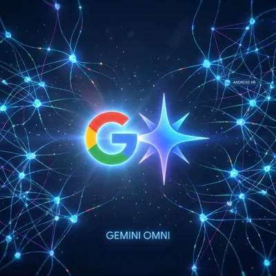 Glowing multicolor Google G logo beside a blue-violet Gemini sparkle glyph at the center of a radiating blue neural-network field, with small GEMINI OMNI and ANDROID XR labels