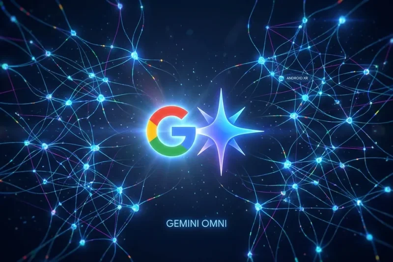 Glowing multicolor Google G logo beside a blue-violet Gemini sparkle glyph at the center of a radiating blue neural-network field, with small GEMINI OMNI and ANDROID XR labels
