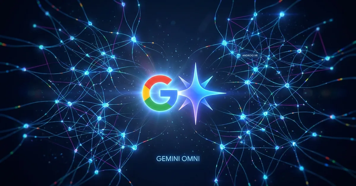 Glowing multicolor Google G logo beside a blue-violet Gemini sparkle glyph at the center of a radiating blue neural-network field, with small GEMINI OMNI and ANDROID XR labels