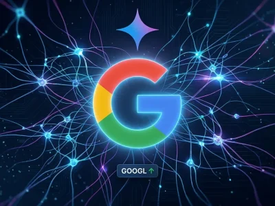 The multicolor Google G logo glowing at the center of a blue and magenta neural network, with the Gemini spark glyph above it and a small GOOGL stock ticker chip below