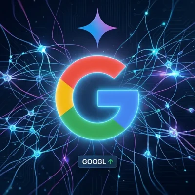 The multicolor Google G logo glowing at the center of a blue and magenta neural network, with the Gemini spark glyph above it and a small GOOGL stock ticker chip below
