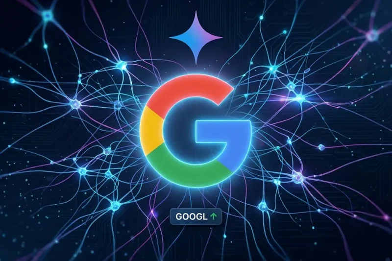 The multicolor Google G logo glowing at the center of a blue and magenta neural network, with the Gemini spark glyph above it and a small GOOGL stock ticker chip below