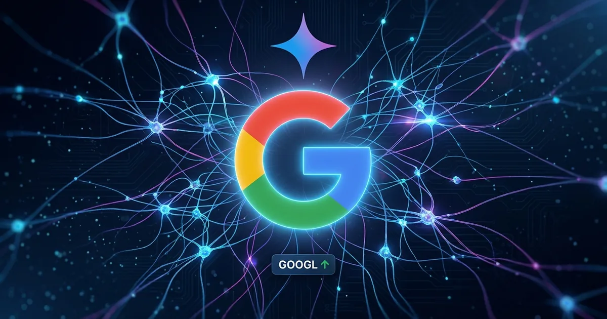 The multicolor Google G logo glowing at the center of a blue and magenta neural network, with the Gemini spark glyph above it and a small GOOGL stock ticker chip below