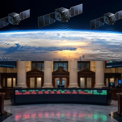 Composite split image of three signals-intelligence micro satellites over Earth in upper half and a soft-focus view of a New York Stock Exchange style trading floor with a glowing ticker board in the lower half