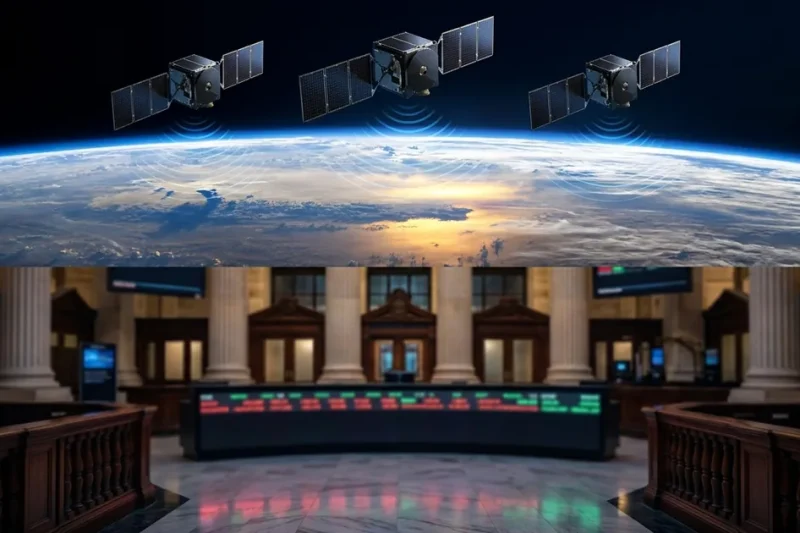 Composite split image of three signals-intelligence micro satellites over Earth in upper half and a soft-focus view of a New York Stock Exchange style trading floor with a glowing ticker board in the lower half