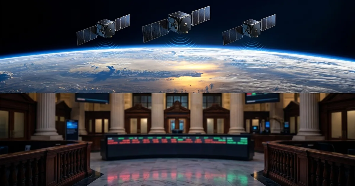 Composite split image of three signals-intelligence micro satellites over Earth in upper half and a soft-focus view of a New York Stock Exchange style trading floor with a glowing ticker board in the lower half