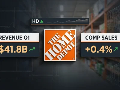 Home Depot orange logo flanked by dashboard panels showing 41.8 billion dollar Q1 revenue and positive 0.4 percent comp sales with an HD ticker bar, against a charcoal background with blueprint linework