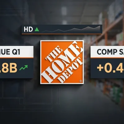 Home Depot orange logo flanked by dashboard panels showing 41.8 billion dollar Q1 revenue and positive 0.4 percent comp sales with an HD ticker bar, against a charcoal background with blueprint linework