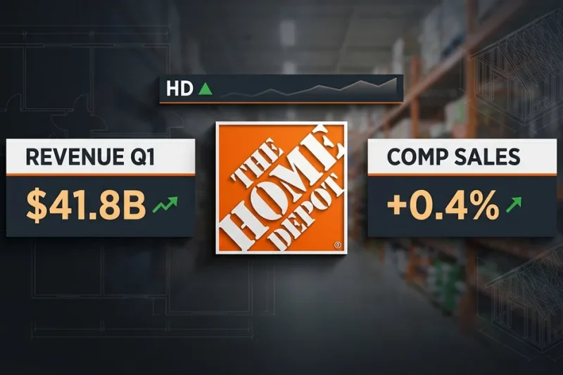 Home Depot orange logo flanked by dashboard panels showing 41.8 billion dollar Q1 revenue and positive 0.4 percent comp sales with an HD ticker bar, against a charcoal background with blueprint linework