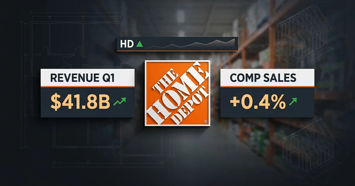 Home Depot orange logo flanked by dashboard panels showing 41.8 billion dollar Q1 revenue and positive 0.4 percent comp sales with an HD ticker bar, against a charcoal background with blueprint linework
