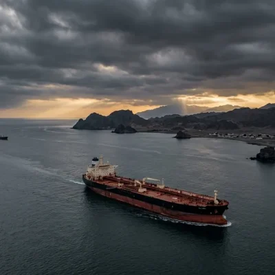 Aerial view of an oil tanker mid-channel in the Strait of Hormuz with the rocky Iranian coast and dramatic dawn light breaking through storm clouds