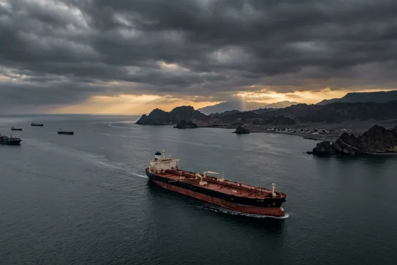 Aerial view of an oil tanker mid-channel in the Strait of Hormuz with the rocky Iranian coast and dramatic dawn light breaking through storm clouds