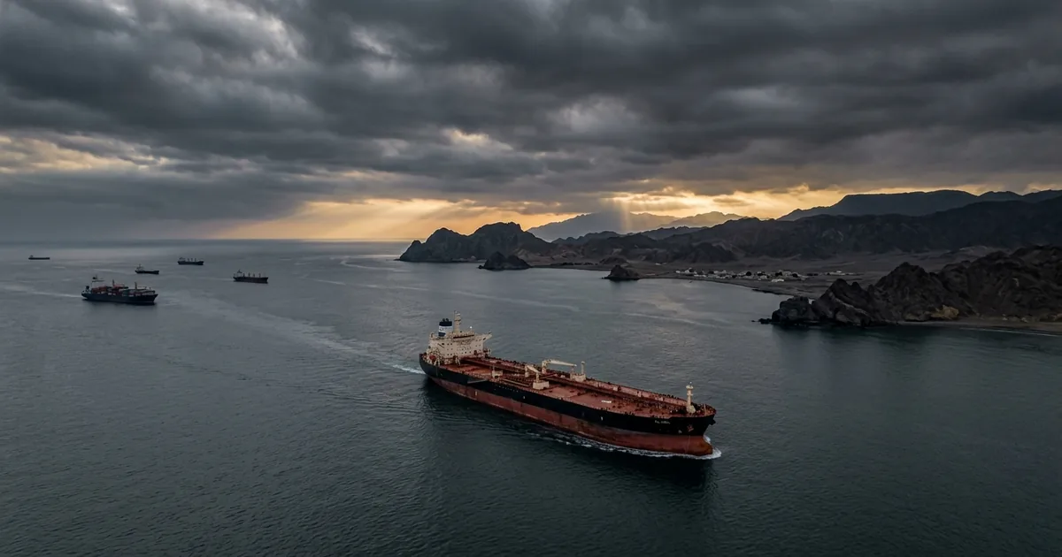 Aerial view of an oil tanker mid-channel in the Strait of Hormuz with the rocky Iranian coast and dramatic dawn light breaking through storm clouds