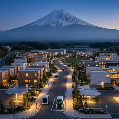 Aerial blue-hour view of Toyota Woven City with Mount Fuji in the background, autonomous shuttles on the central street, modular timber and white-concrete residential buildings, solar canopies, and a hydrogen filling station