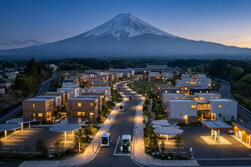 Aerial blue-hour view of Toyota Woven City with Mount Fuji in the background, autonomous shuttles on the central street, modular timber and white-concrete residential buildings, solar canopies, and a hydrogen filling station