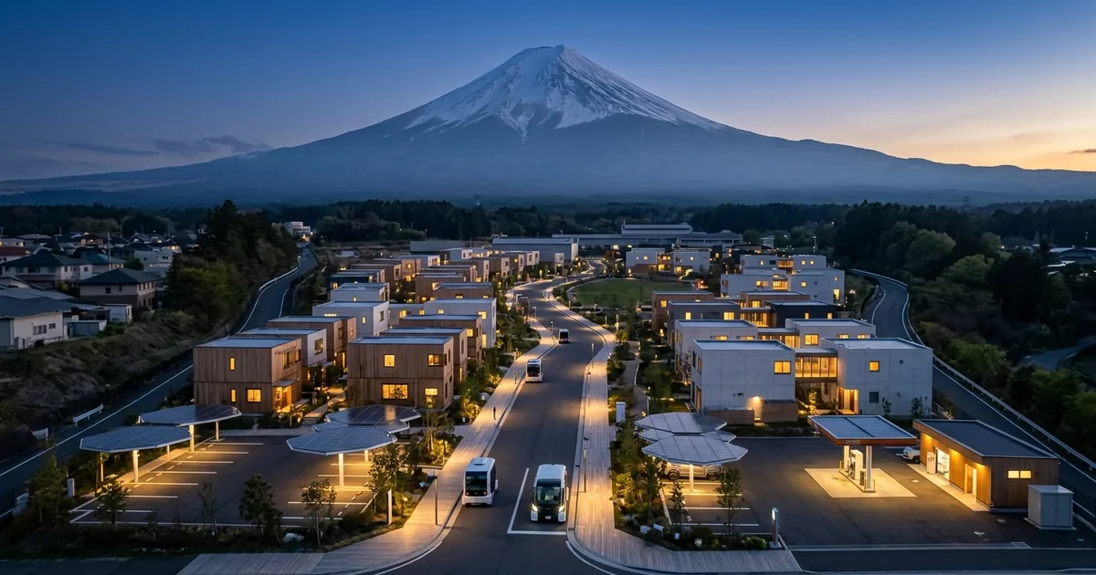 Aerial blue-hour view of Toyota Woven City with Mount Fuji in the background, autonomous shuttles on the central street, modular timber and white-concrete residential buildings, solar canopies, and a hydrogen filling station