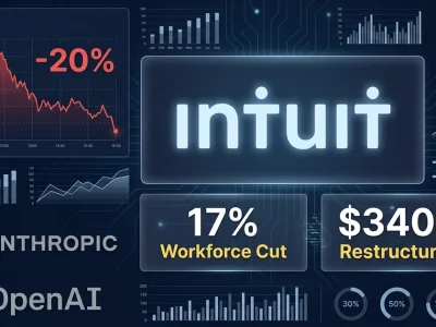 Intuit logo with INTU stock chart showing 20 percent decline alongside data panels showing 17 percent workforce cut and 340 million dollar restructuring with Anthropic and OpenAI logos
