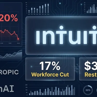 Intuit logo with INTU stock chart showing 20 percent decline alongside data panels showing 17 percent workforce cut and 340 million dollar restructuring with Anthropic and OpenAI logos