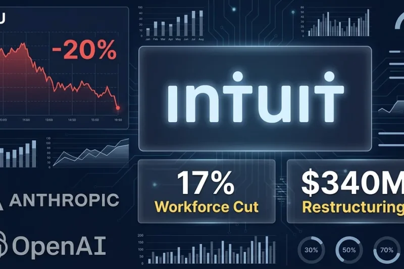 Intuit logo with INTU stock chart showing 20 percent decline alongside data panels showing 17 percent workforce cut and 340 million dollar restructuring with Anthropic and OpenAI logos