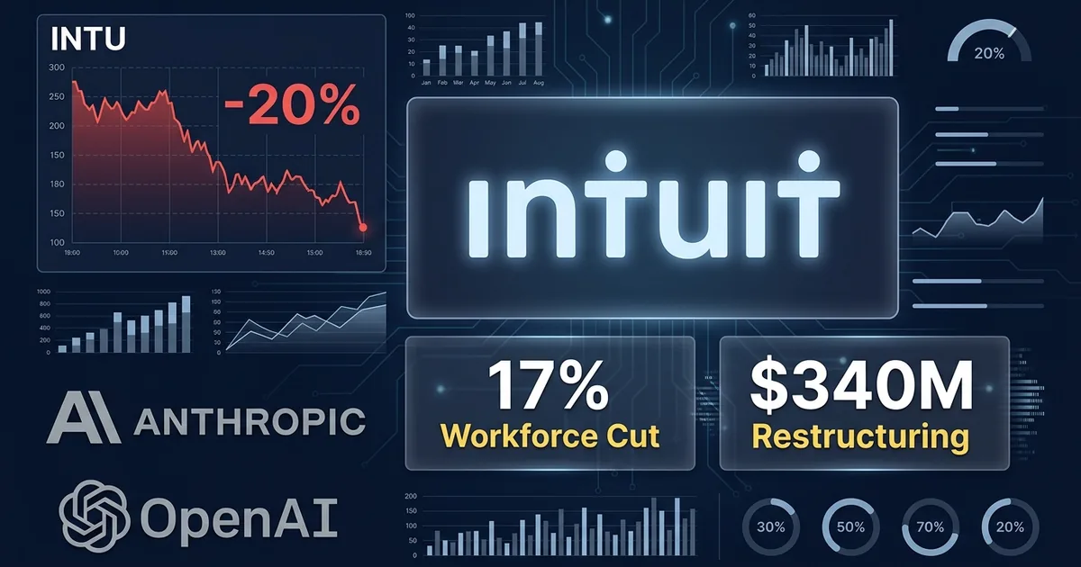 Intuit logo with INTU stock chart showing 20 percent decline alongside data panels showing 17 percent workforce cut and 340 million dollar restructuring with Anthropic and OpenAI logos