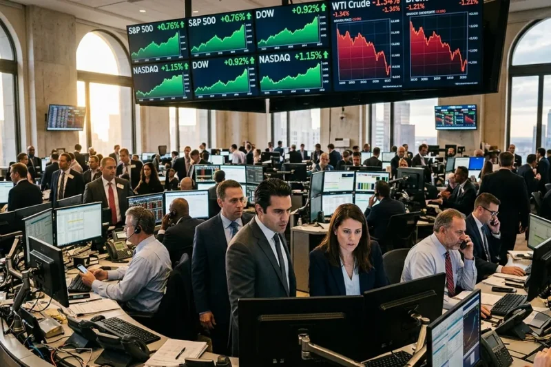 Traders on a Wall Street trading floor watch overhead screens showing rising S&P 500 and Nasdaq indices alongside falling WTI Crude and Brent oil price charts