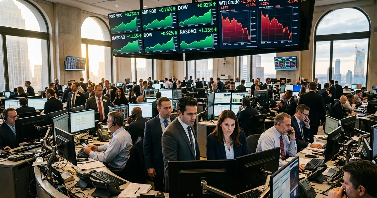 Traders on a Wall Street trading floor watch overhead screens showing rising S&P 500 and Nasdaq indices alongside falling WTI Crude and Brent oil price charts
