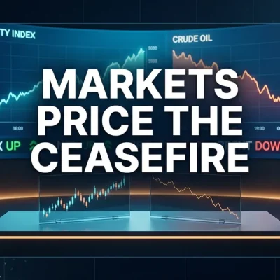 Editorial trading-desk composition with curved LED wall: equity indices ascending, crude oil descending, ticker rows showing SPX up and Brent down