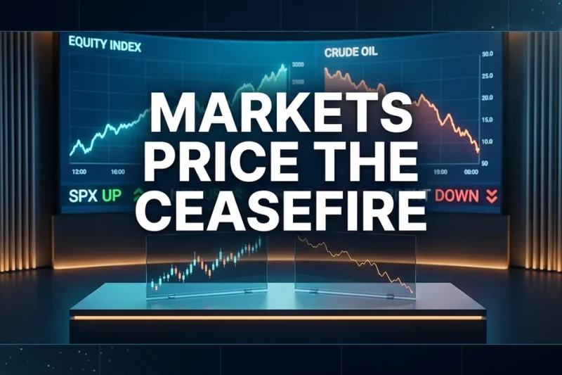 Editorial trading-desk composition with curved LED wall: equity indices ascending, crude oil descending, ticker rows showing SPX up and Brent down