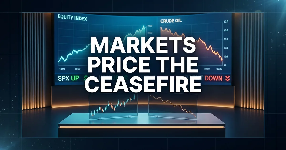 Editorial trading-desk composition with curved LED wall: equity indices ascending, crude oil descending, ticker rows showing SPX up and Brent down