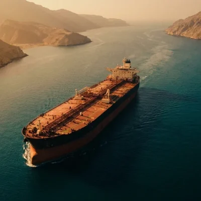 Aerial view of a loaded oil supertanker navigating the narrow waters of the Strait of Hormuz between tan mountainous coastline at golden hour