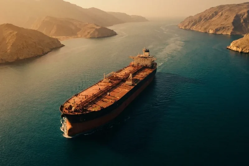 Aerial view of a loaded oil supertanker navigating the narrow waters of the Strait of Hormuz between tan mountainous coastline at golden hour