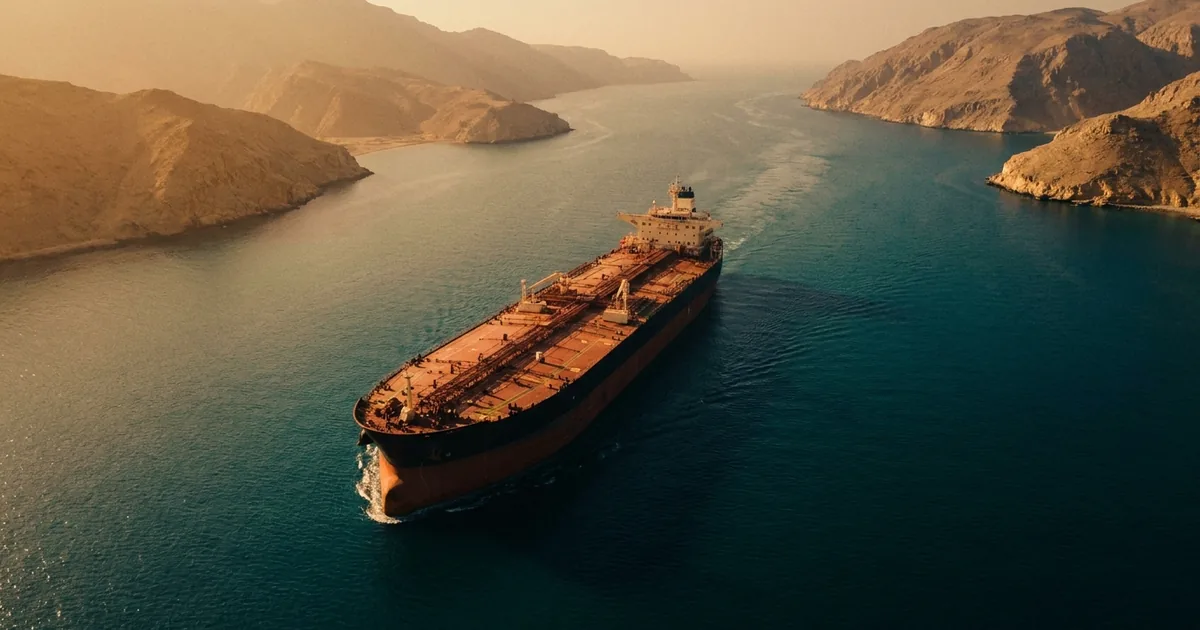 Aerial view of a loaded oil supertanker navigating the narrow waters of the Strait of Hormuz between tan mountainous coastline at golden hour