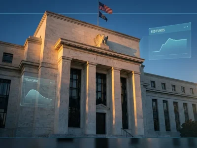 The Federal Reserve Eccles building at golden hour with American flags flying above the carved stone eagle seal, with semi-transparent holographic dashboard panels showing Fed funds rate and yield curve