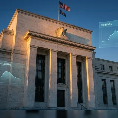 The Federal Reserve Eccles building at golden hour with American flags flying above the carved stone eagle seal, with semi-transparent holographic dashboard panels showing Fed funds rate and yield curve