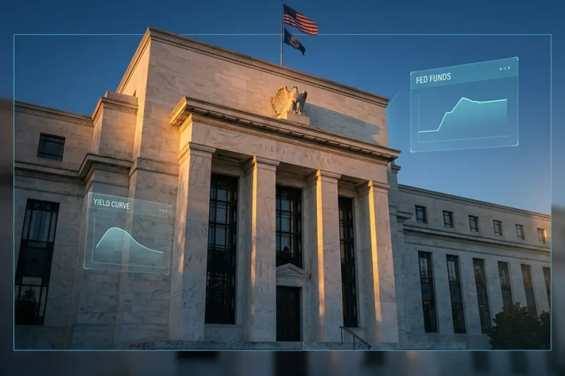 The Federal Reserve Eccles building at golden hour with American flags flying above the carved stone eagle seal, with semi-transparent holographic dashboard panels showing Fed funds rate and yield curve