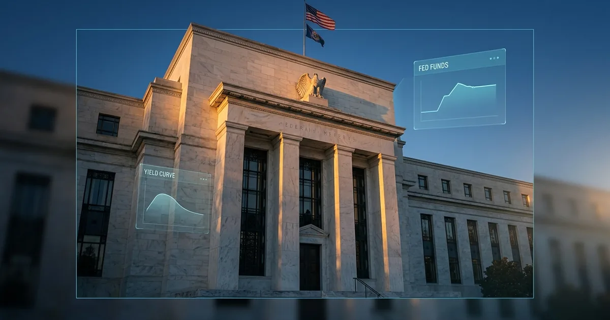 The Federal Reserve Eccles building at golden hour with American flags flying above the carved stone eagle seal, with semi-transparent holographic dashboard panels showing Fed funds rate and yield curve