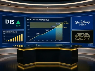 Broadcast-style financial command center with a curved LED video wall showing a Disney DIS ticker, a box office projection chart climbing to $80M / $100M / $110M target markers, a franchise timeline bar chart, the Walt Disney Studios logo, the Star Wars logotype in yellow, and a Lucasfilm credit. Navy blue and yellow palette on black, sleek dark anchor desk lit with warm amber spill light.