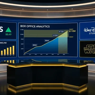 Broadcast-style financial command center with a curved LED video wall showing a Disney DIS ticker, a box office projection chart climbing to $80M / $100M / $110M target markers, a franchise timeline bar chart, the Walt Disney Studios logo, the Star Wars logotype in yellow, and a Lucasfilm credit. Navy blue and yellow palette on black, sleek dark anchor desk lit with warm amber spill light.
