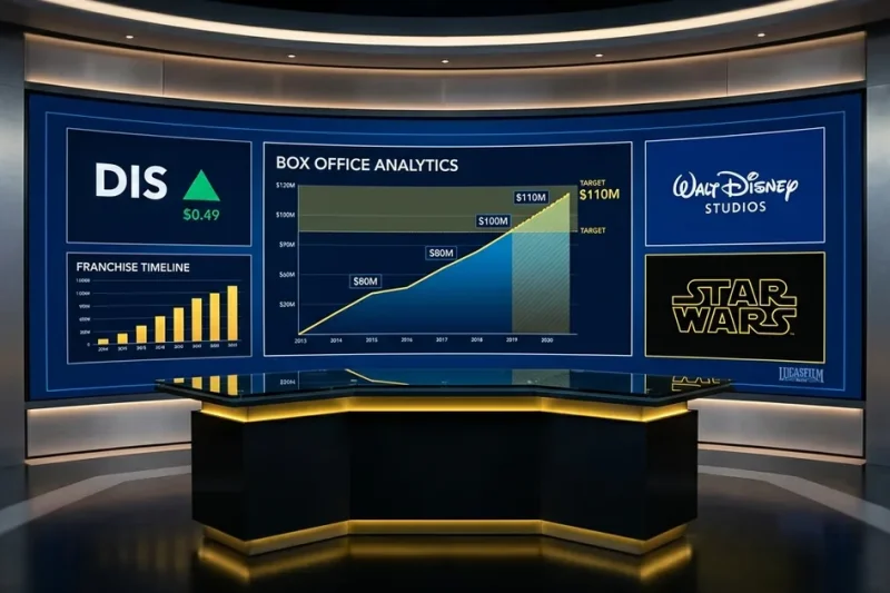 Broadcast-style financial command center with a curved LED video wall showing a Disney DIS ticker, a box office projection chart climbing to $80M / $100M / $110M target markers, a franchise timeline bar chart, the Walt Disney Studios logo, the Star Wars logotype in yellow, and a Lucasfilm credit. Navy blue and yellow palette on black, sleek dark anchor desk lit with warm amber spill light.