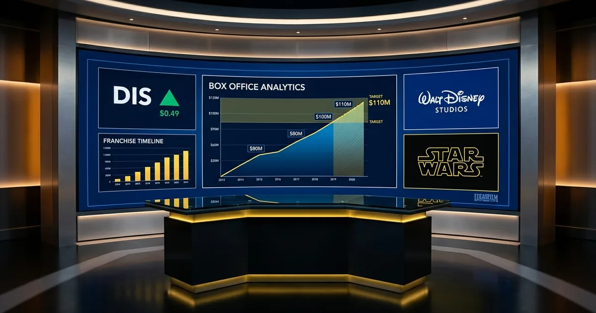 Broadcast-style financial command center with a curved LED video wall showing a Disney DIS ticker, a box office projection chart climbing to $80M / $100M / $110M target markers, a franchise timeline bar chart, the Walt Disney Studios logo, the Star Wars logotype in yellow, and a Lucasfilm credit. Navy blue and yellow palette on black, sleek dark anchor desk lit with warm amber spill light.