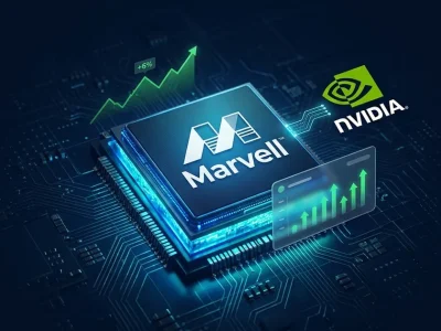 A glowing Marvell custom AI chip on a circuit board with the Marvell and Nvidia logos and a green plus 6 percent chart
